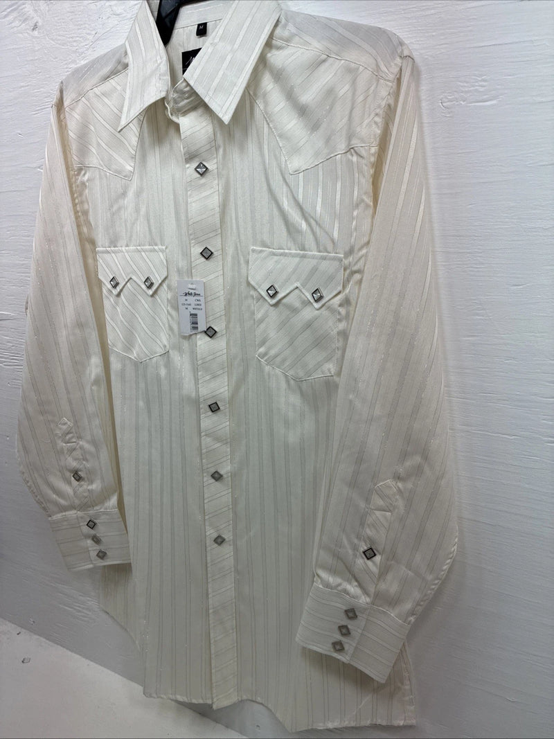 New Men’s White Horse White Gold Stripe Long Sleeve Pearl Snap Medium J-82