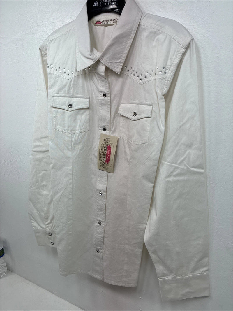 New Women’s Cumberland White Gem Long Sleeve Pearl Snap Large II-98