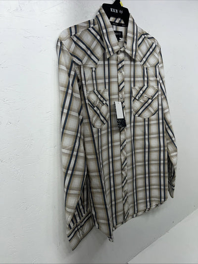 New Men’s Tan Plaid ELY 1878 Long Sleeve Pearl Snap Shirt. Large P-72