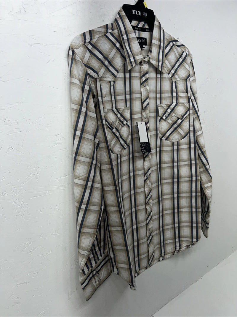 New Men’s Tan Plaid ELY 1878 Long Sleeve Pearl Snap Shirt. Large P-72