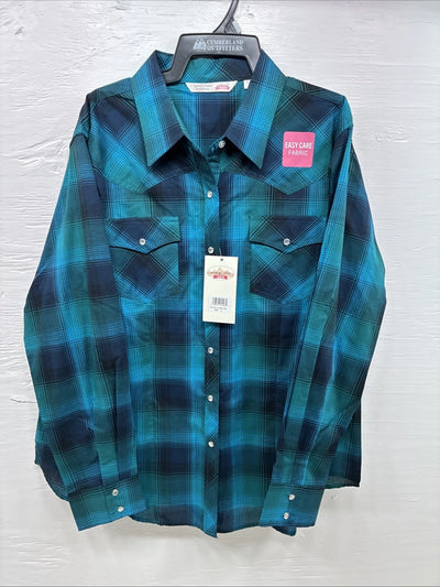 New Women’s Cumberland Blue Plaid Long Sleeve Pearl Snap 1XL Plus DD-16