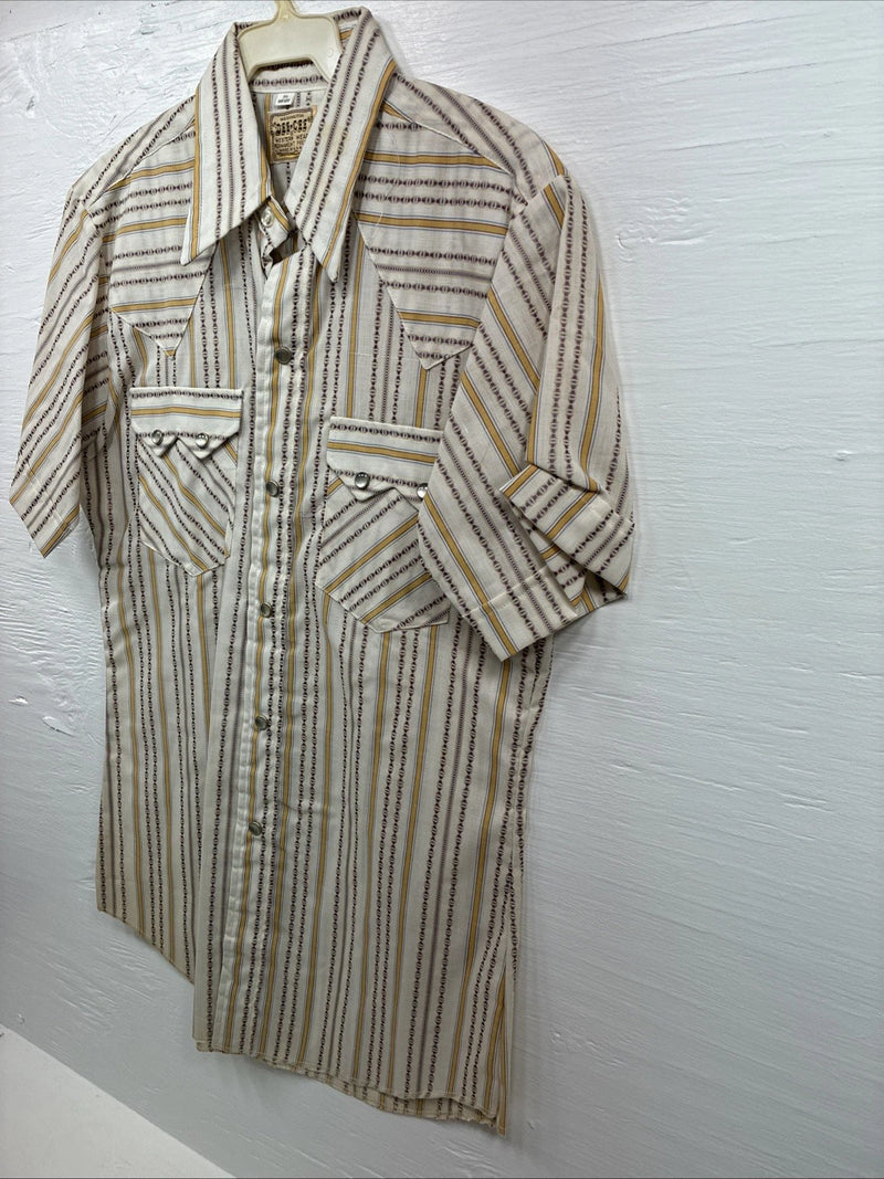 New Men’s Dee-Cee Tan Yellow Stripe Design Short Sleeve Pearl Snap Small O-80