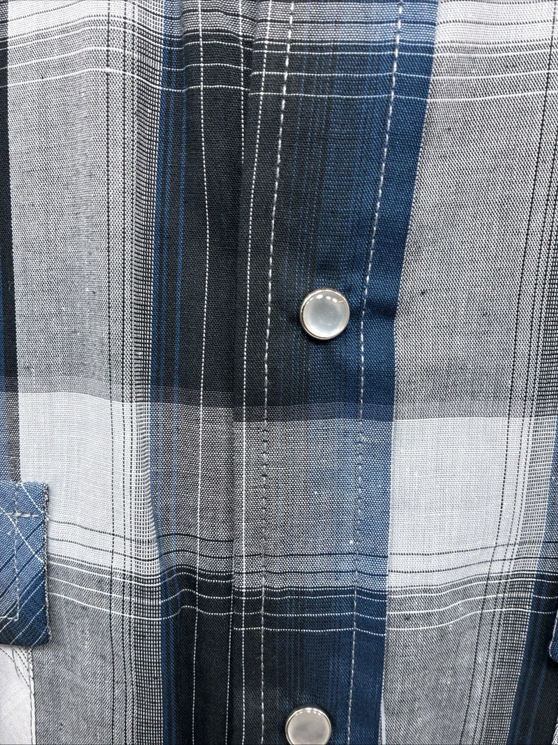 New Men’s ELY Cattleman Blue Grey Plaid Long Sleeve Pearl Snap Large AA-19