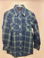 New Men’s Champion Westerns Blue Green Plaid Long Sleeve Pearl Snap Small R-22