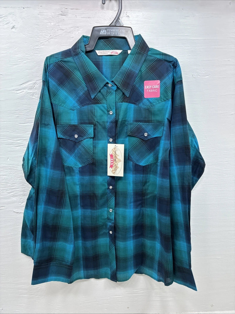 New Women’s Cumberland Blue Plaid Long Sleeve Pearl Snap 3XL Plus DD-15