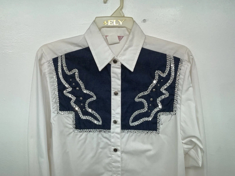New Women’s Blue White & Bling H Bar C Long Sleeve Button Up Shirt #20119 3B-40