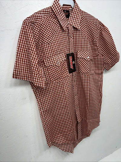 New Men’s Red Plaid Western Shirt Works Short Sleeve Button Up Shirt 15.5 M S-40