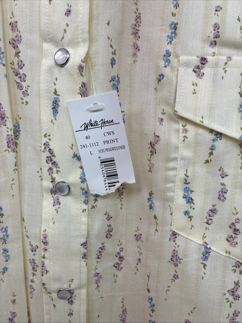 New Women’s White horse Yellow Floral Long Sleeve Pearl Snap Large GG-86