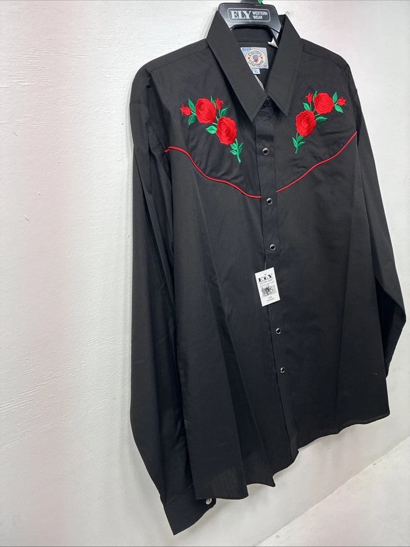 New Women’s Country Charmers Black Rose Long Sleeve Pearl Snap XL II-59