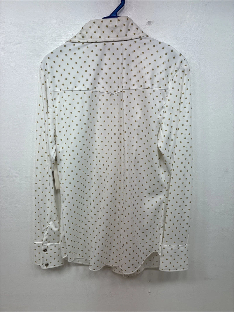 New Women’s Lady DJ White Brown Polkadot Long Sleeve Pearl Snap Size 34 YY-114
