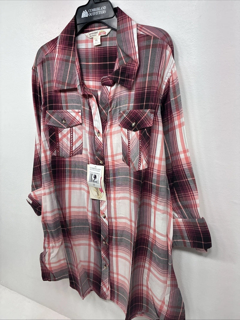New Women’s Cumberland Pink Plaid Long Sleeve Pearl Snap XL GG-66