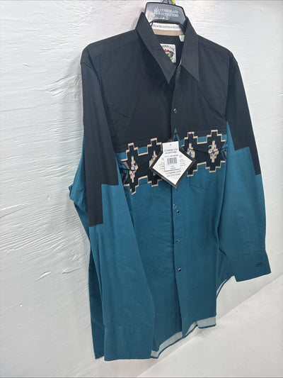 New Men’s Cumberland Blue Black Long Sleeve Pearl Snap Large X-2