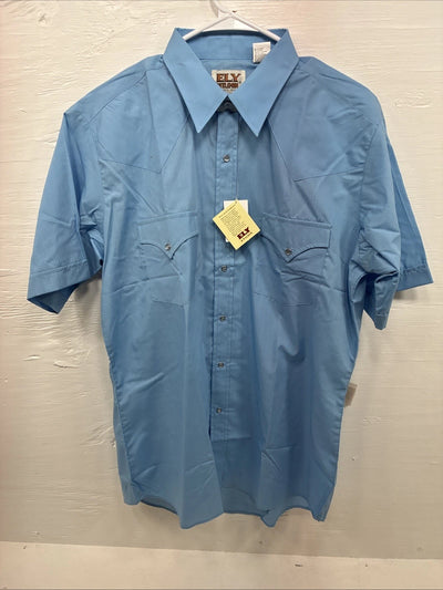 New Men’s ELY Cattleman Blue Short Sleeve Pearl Snap 16 Large AA-107