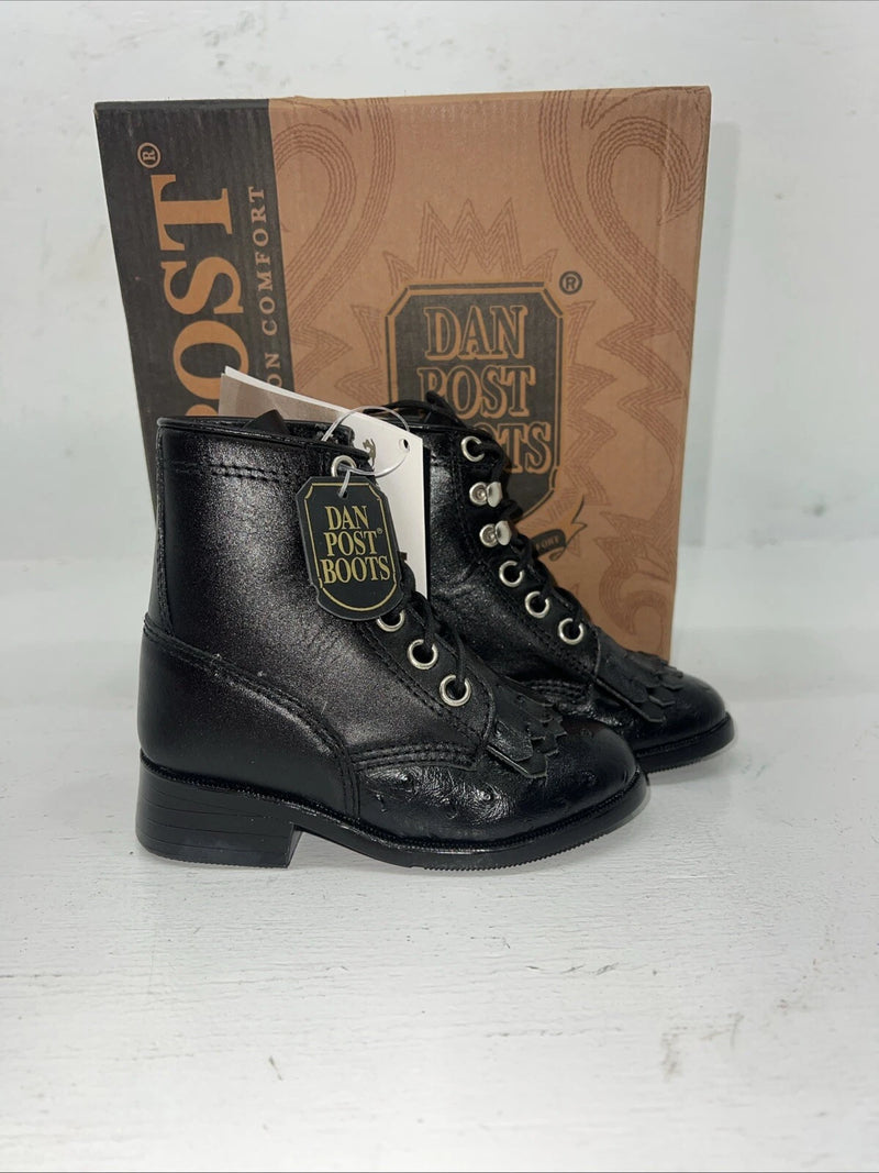 New Infant Dan Post Black Ostrich Print Lace Up Cowboy Boots. 5 D . 24-3