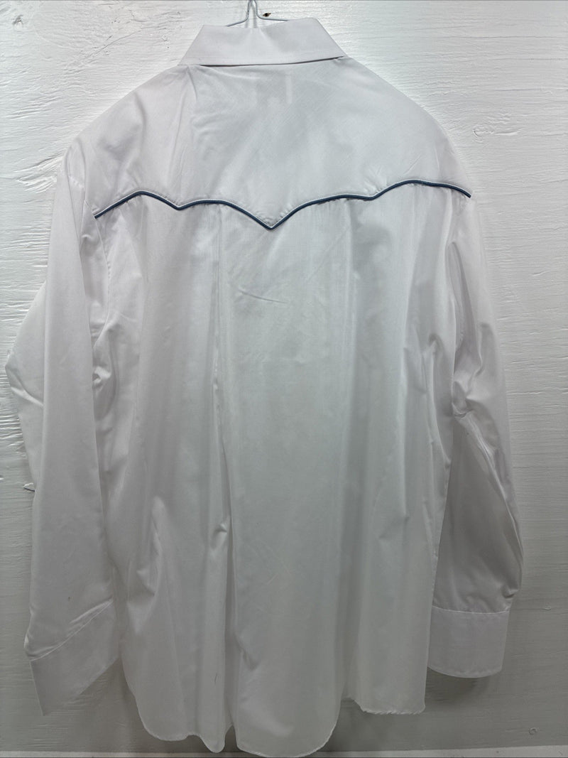 New Men’s ELY Cattleman White Blue Embroidered Long Sleeve Pearl Snap XL H-88
