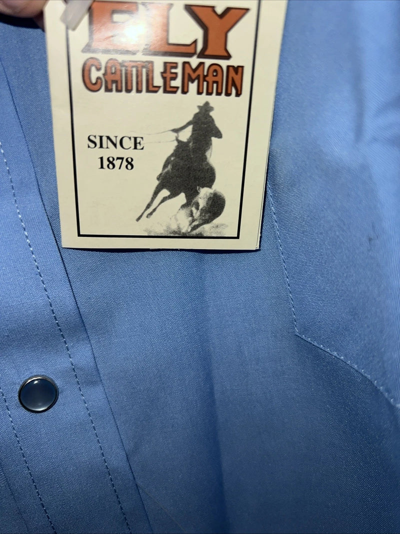 New Men’s Blue ELY Cattleman Pearl Snap Short Sleeve Shirt. 18.5 2XL P-47