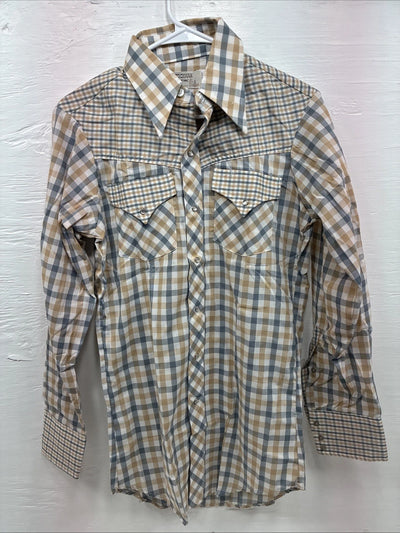 New Men’s Stockman Yellow Blue Plaid Long Sleeve Pearl Snap 14.5 X 33 Small R-21