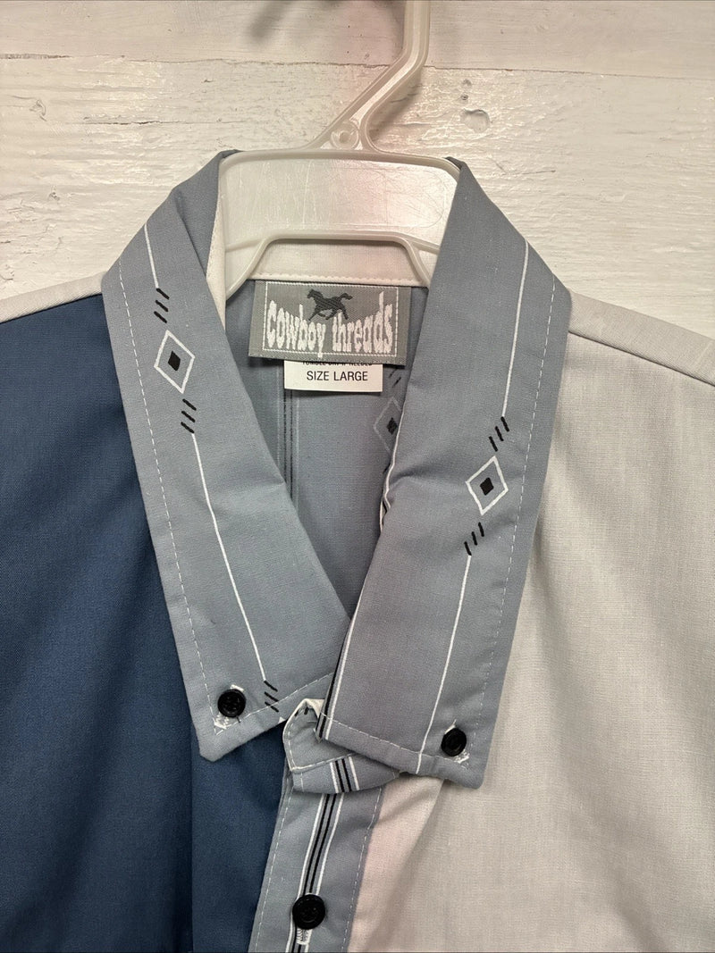 New Men’s Cowboy Threads Blue Designed Short Sleeve Button Up Large CC-41