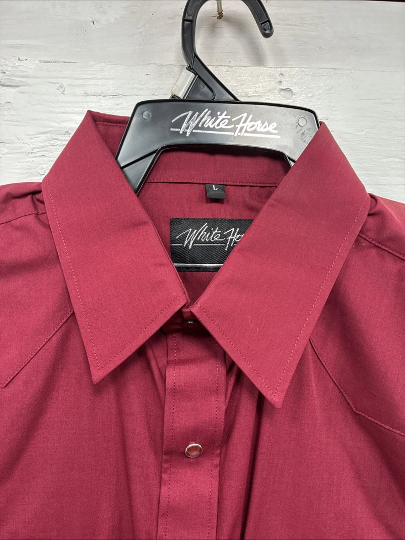 New Men’s White Horse Burgundy Simple Long Sleeve Pearl Snap Large K-67