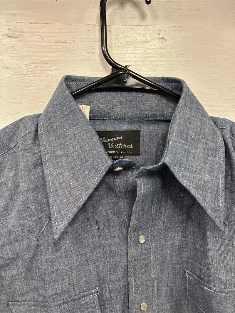 New Men’s Champion Western Blue Design Long Sleeve Pearl Snap 15.5 Medium R-11