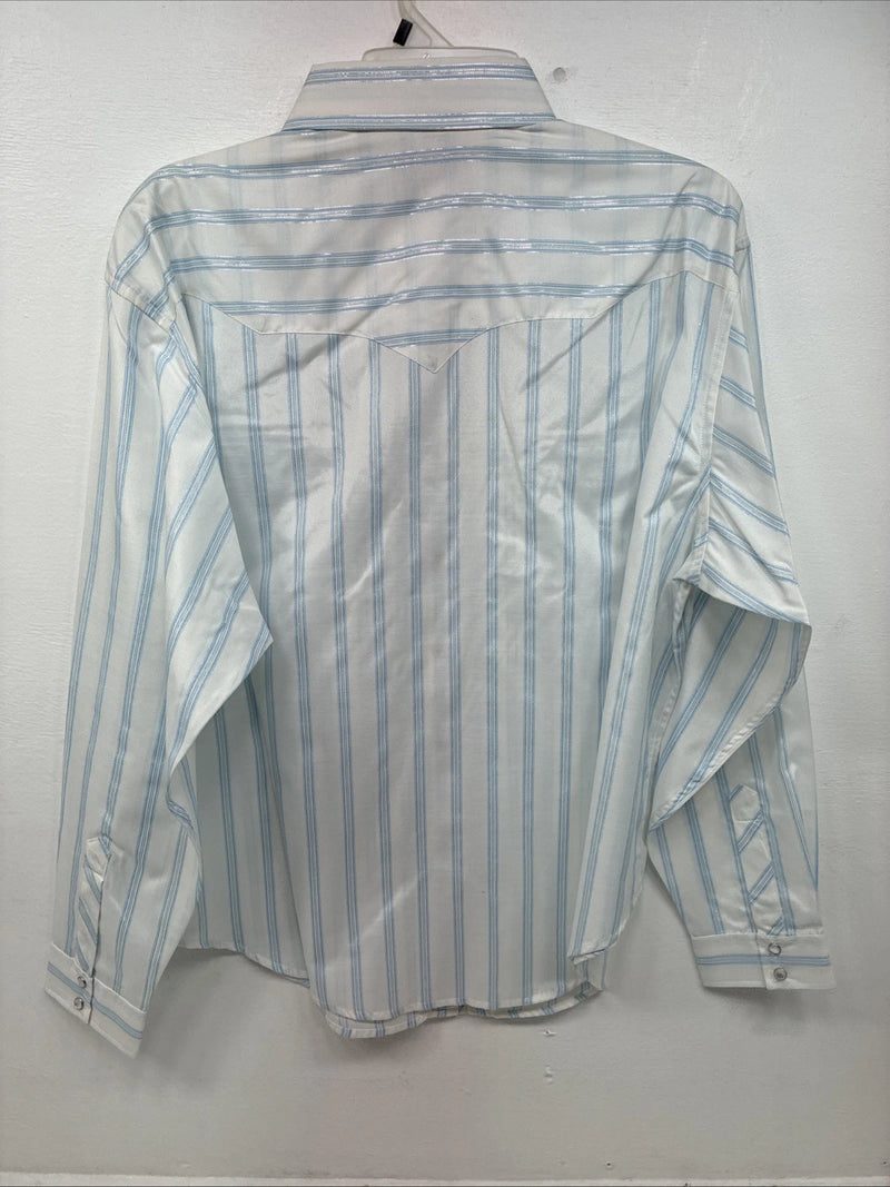 New Women’s White Horse White Blue Stripe Long Sleeve Pearl Snap XL GG-71