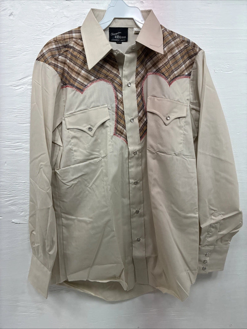 New Men’s Champion Westerns Brown Plaid Long Sleeve Pearl Snap Medium O-25