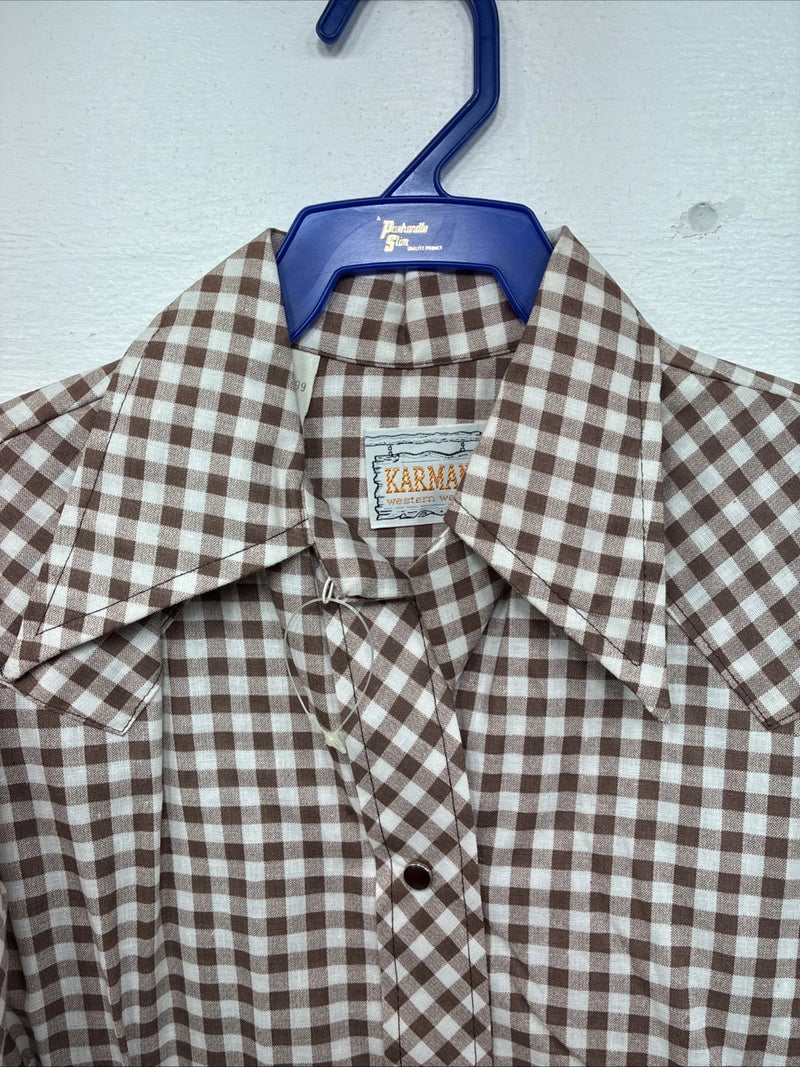 New Women’s Karman Brown Checkered Long Sleeve Pearl Snap Size 30 LL-54