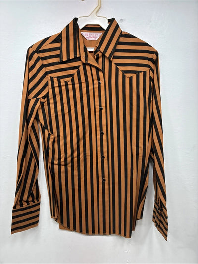 New Women’s H Bar C Orange Black Stripe Long Sleeve Pearl Snap Size 34 LL-103