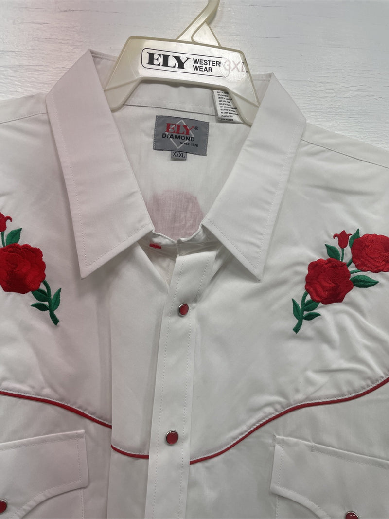 New Men’s ELY diamond White With Red Roses Long Sleeve Pearl Snap XXXL E-15