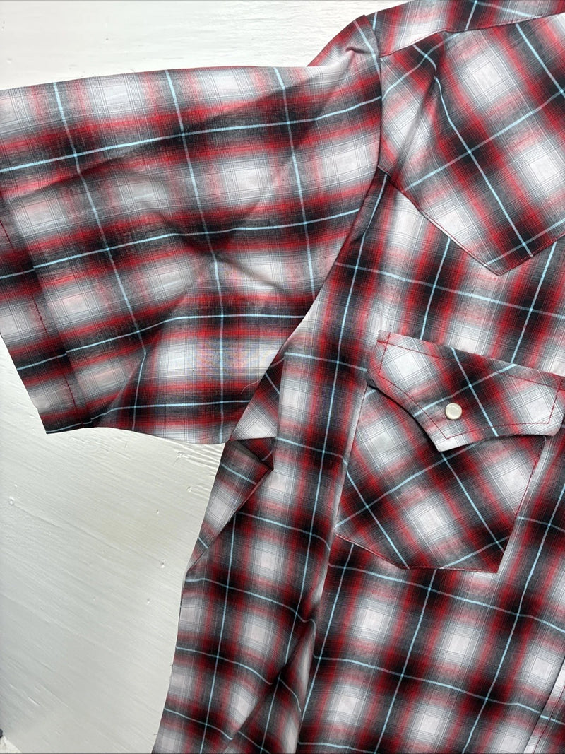 New Men’s ELY Cattleman Red Gray Plaid Short Sleeve Pearl Snap XL M-51