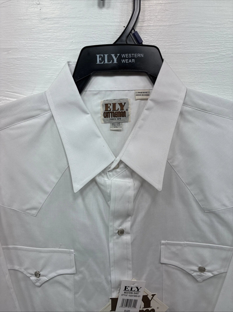 New Men’s ELY Cattleman White Long Sleeve Pearl Snap 18.5 X 35 2XL F-77