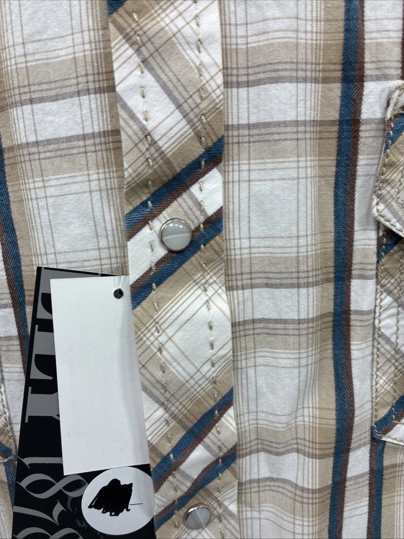New Men’s ELY 1878 Brown Blue Plaid Long Sleeve Pearl Snap XL V-28