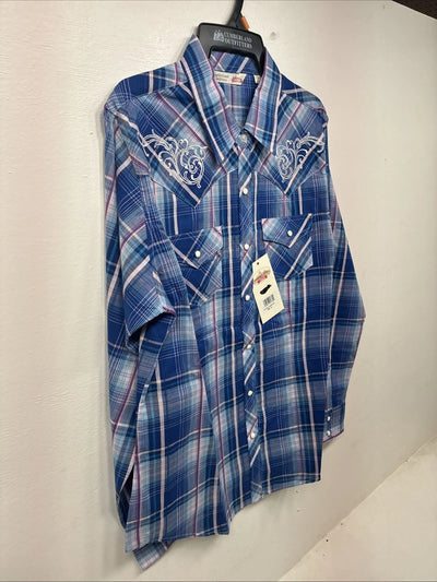 New Women’s Cumberland Blue Purple Plaid Long Sleeve Pearl Snap Medium KK-96