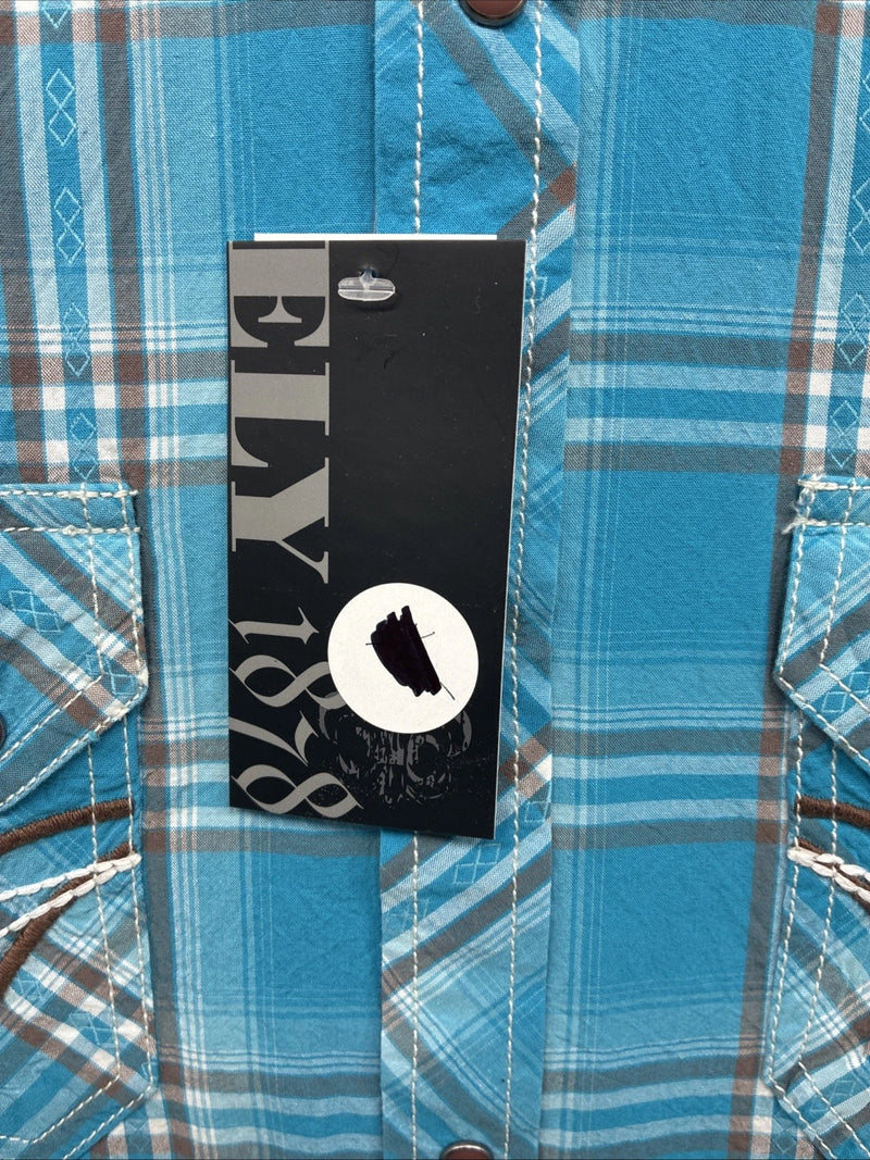 New Men’s ELY 1878 Blue Plaid Short Sleeve Pearl Snap Large X-32