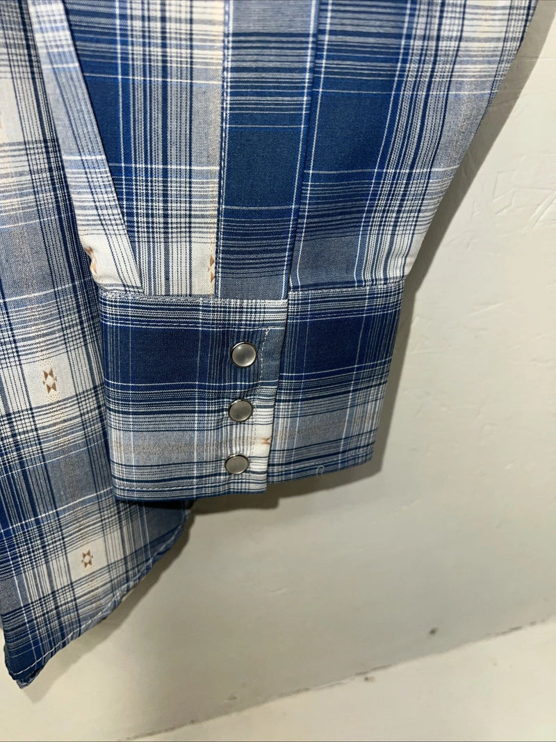 New Men’s Blue Paid ELY Cattleman Long Sleeve Pearl Snap Shirt. Large P-54