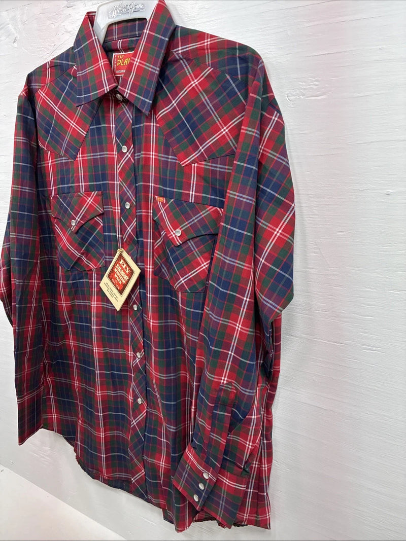 New Men’s ELY Plains Red Blue Plaid Long Sleeve Pearl Snap 16 Large Q-22