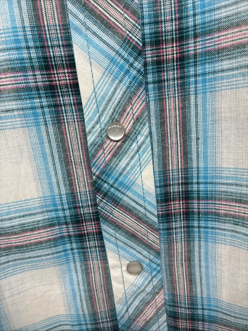 New Women’s Cumberland Blue Plaid Long Sleeve Pearl Snap Large GG-78