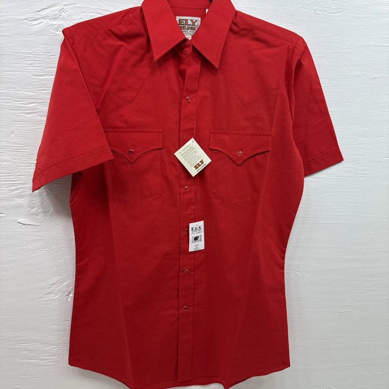New Men’s ELY CattleMan Red short sleeve pearl snap 14.5 small B-72