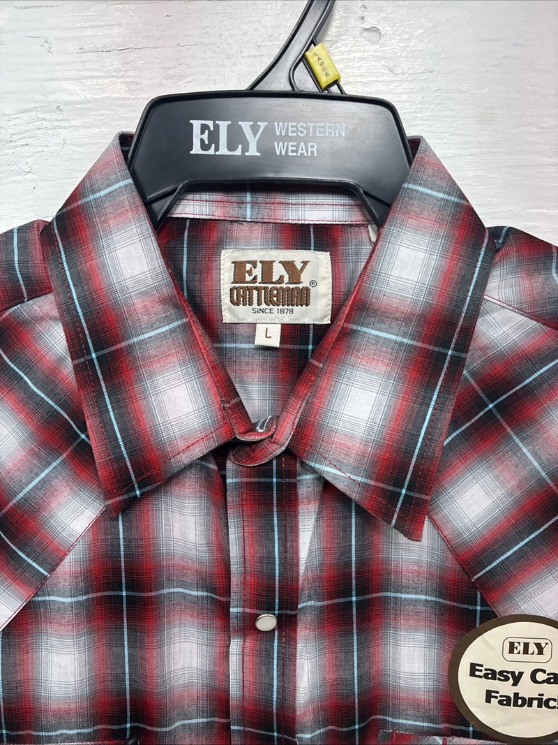 New Men’s ELY Cattleman Red Gray Plaid Short Sleeve Pearl Snap Large X-21