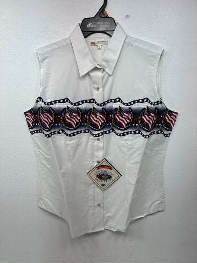 New Women’s Cumberland White Flag Design Short Sleeve Pearl Snap Medium LL-84