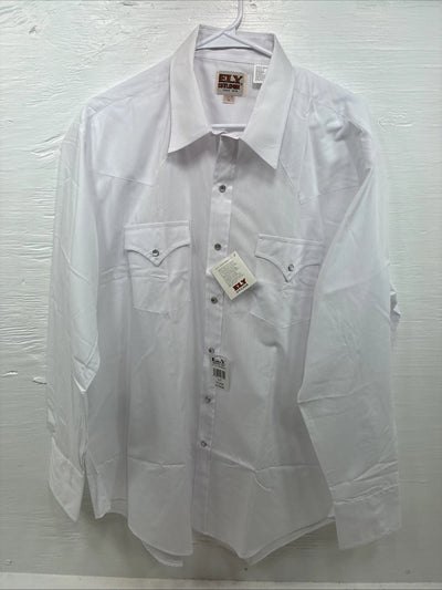 New Men’s ELY Cattleman White Long Sleeve Pearl Snap 17.5 X 35 XL CC-10