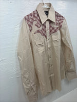 New Youth Champion Western Tan pink Plaid Long Sleeve Pearl Snap Medium T-82