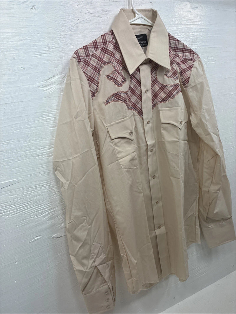 New Youth Champion Western Tan pink Plaid Long Sleeve Pearl Snap Medium T-82