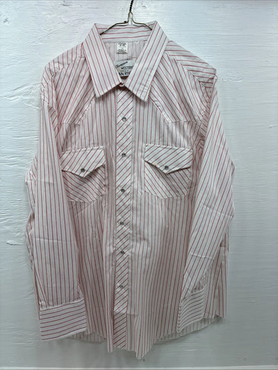 New Men’s Champion Western Red White Stripe Long Sleeve Pearl Snap 17.5 XL R-74