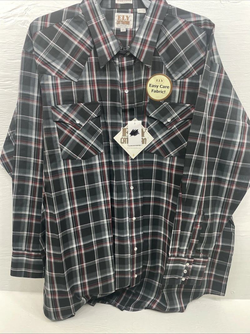 New Men’s ELY Cattleman Black Red Long Sleeve Pearl Snap 3XL E-33