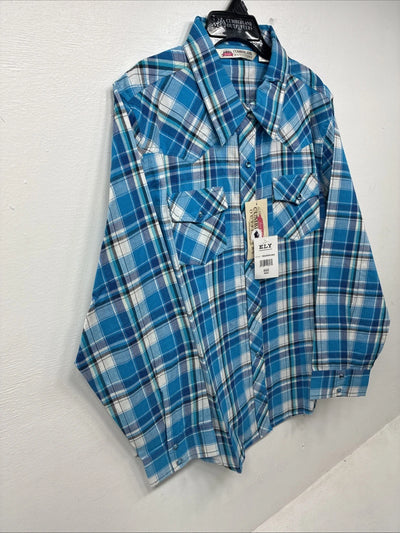 New Women’s Cumberland Blue Plaid Long Sleeve Pearl Snap XL GG-63