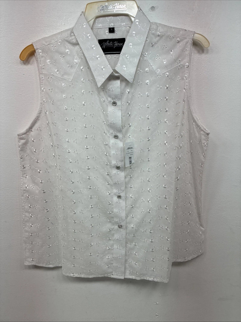New Women’s White Horse White Designed Short Sleeve Pearl Snap Large II-88