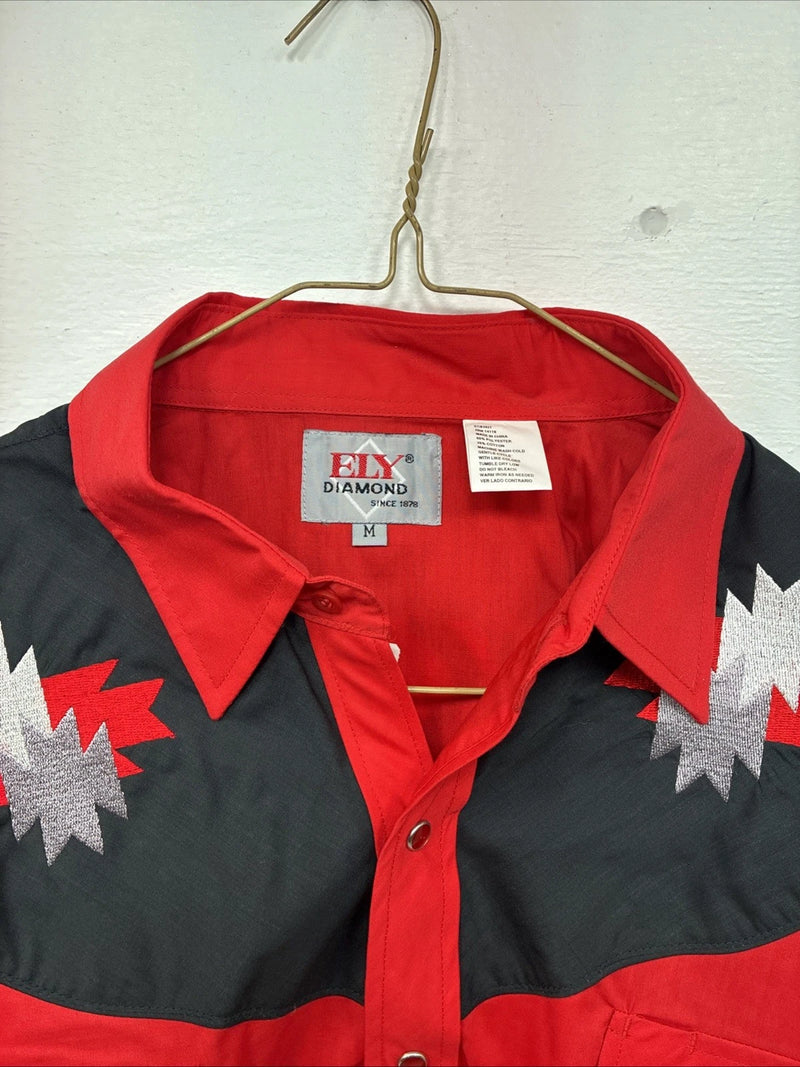 New Men’s ELY Diamond Red Designed Long Sleeve Pearl Snap Medium DD-100