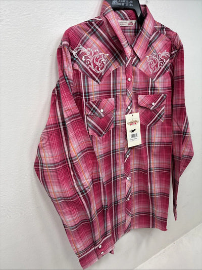New Women’s Cumberland Pink Designed Long Sleeve Pearl Snap XL GG-30