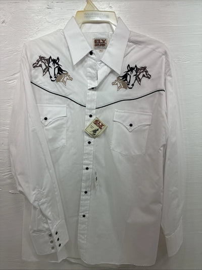 New Men’s ELY Cattleman White Horse Design Long Sleeve Pearl Snap Large X-23